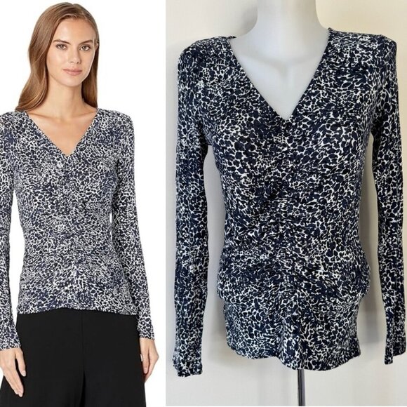 NWT BCBGMaxAzria Top Long Sleeve Ruched V Neck Blouse Shirt Animal Snake Sz S - Picture 1 of 12